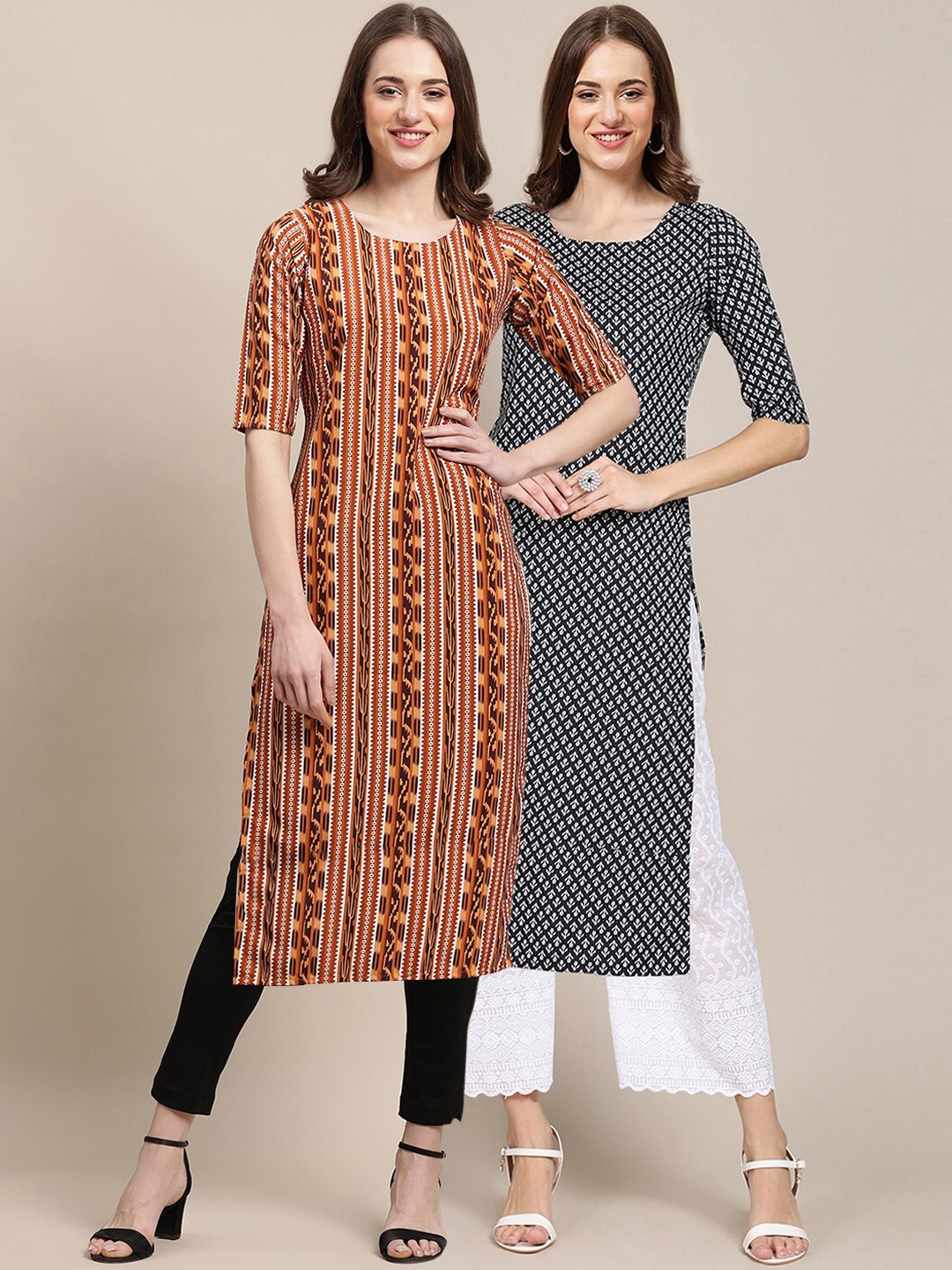 

7Threads PACK OF 2 Women Orange & Blue Ethnic Motifs Printed Summer Sheers Crepe Kurta