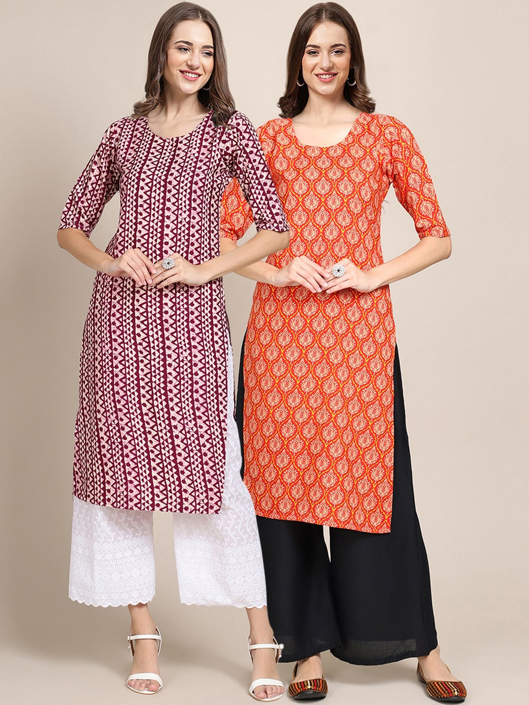 

7Threads Women Pack of 2 Orange & Maroon Printed Crepe Kurta