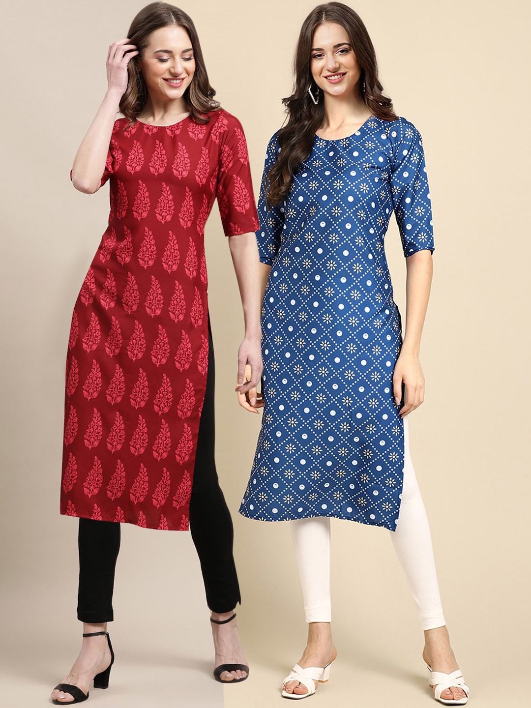 

7Threads Women Pack of 2 Blue & Maroon Printed Crepe Kurta