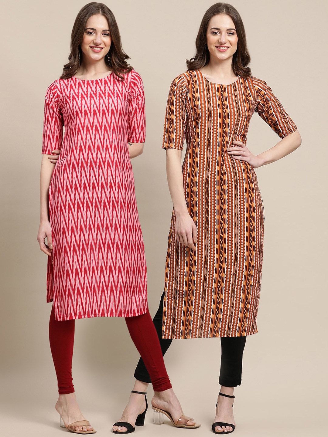 

7Threads Women Pack of 2 Red & Brown Printed Crepe Kurta