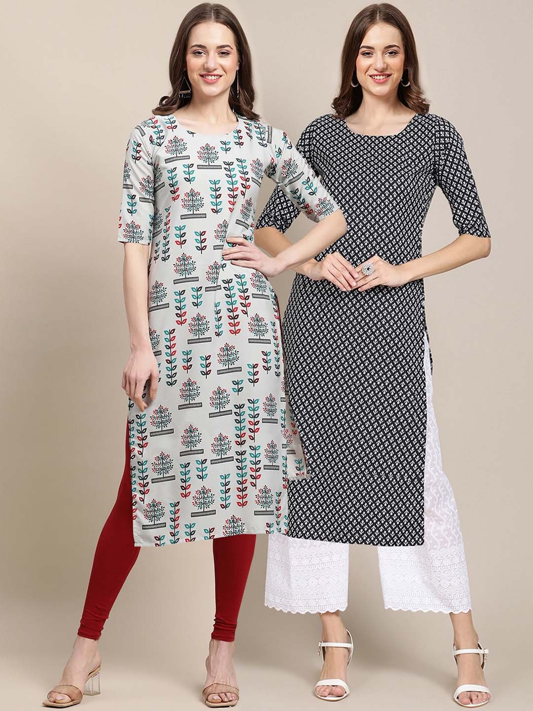 

7Threads Women Pack of 2 Black & Beige Printed Crepe Kurta