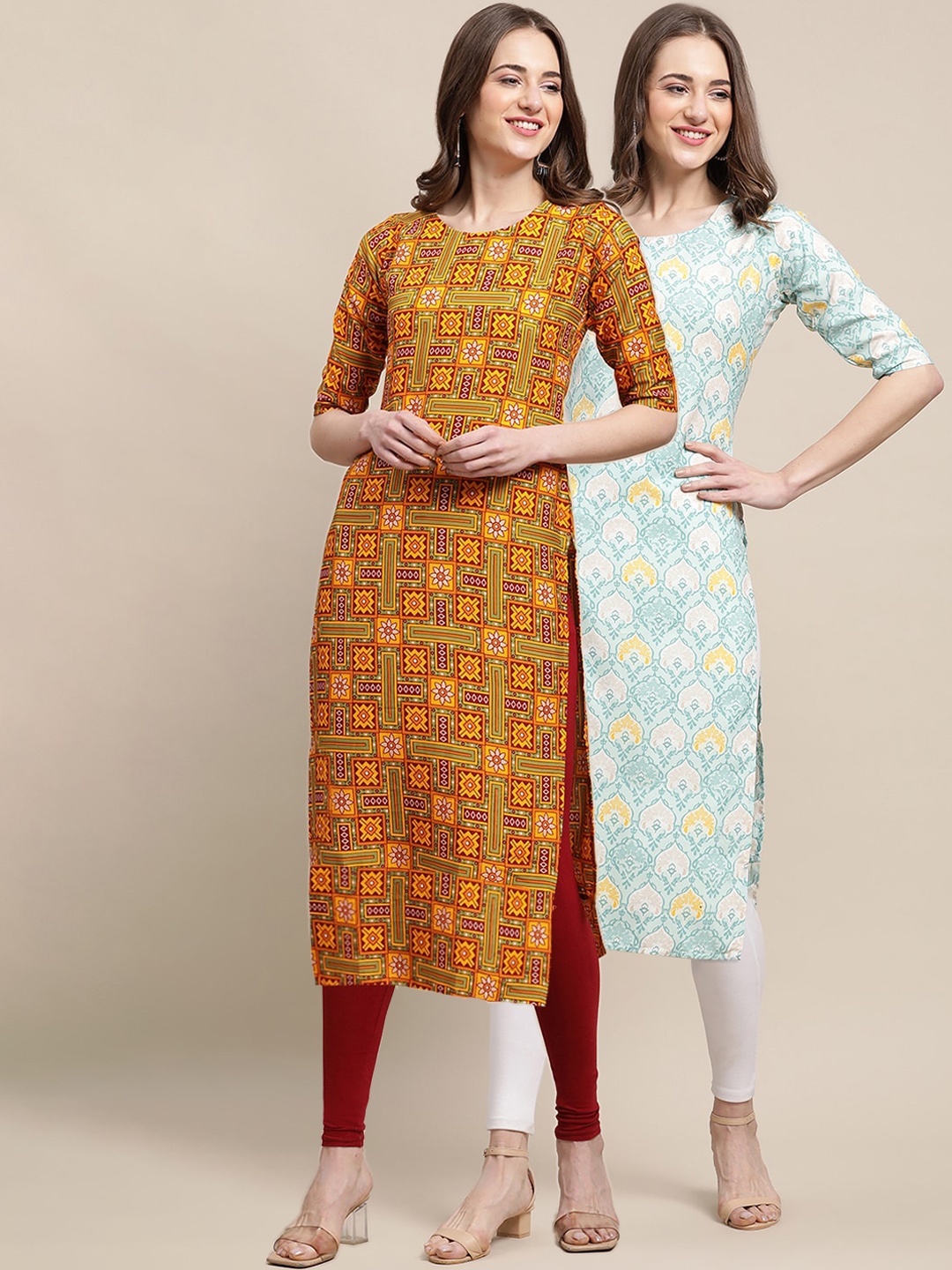 

7Threads Women Pack of 2 Printed Crepe Kurtas, Mustard