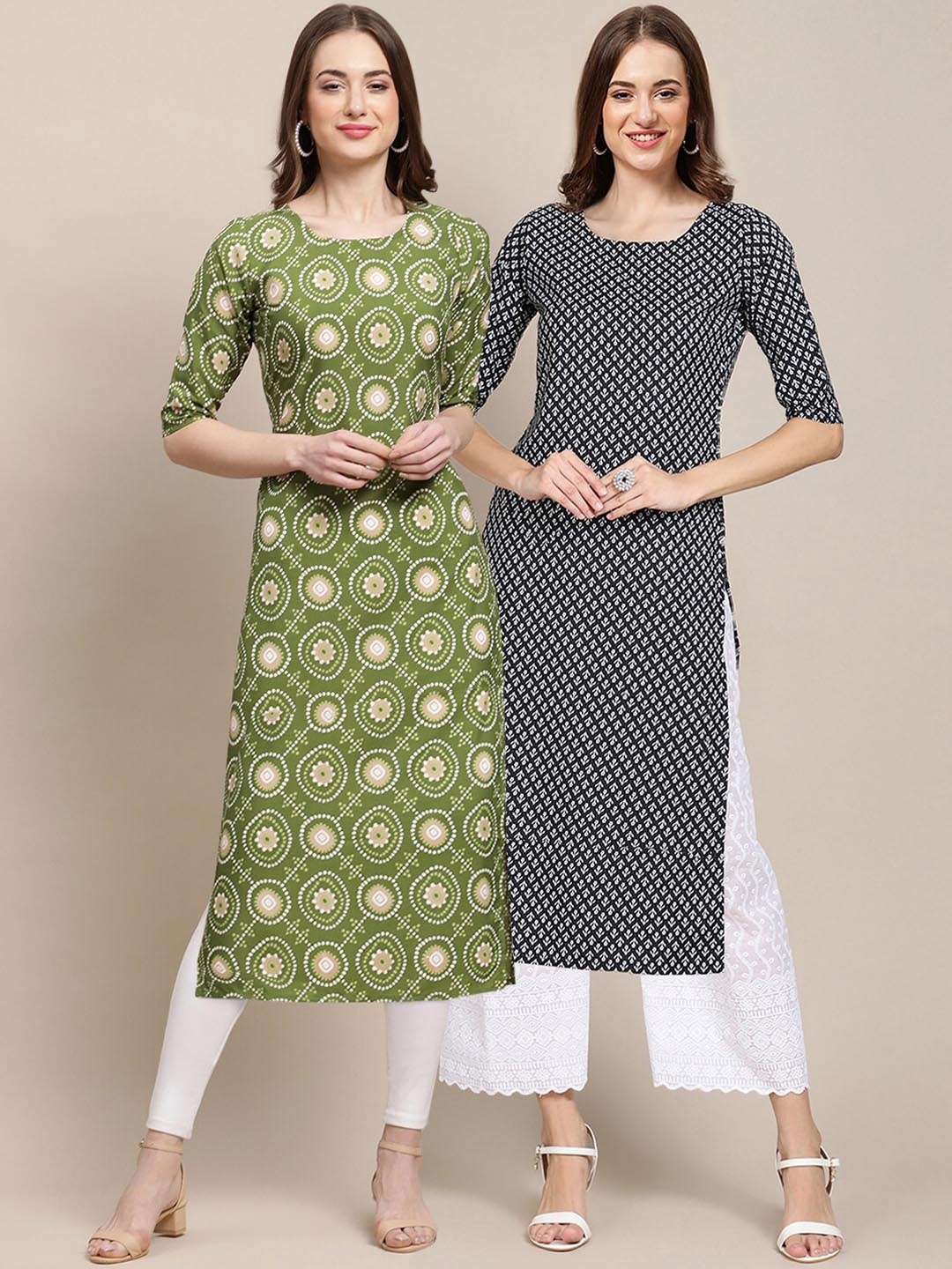 

7Threads Women Pack Of 2 Printed Block Print Summer Sheers Crepe Kurta, Green