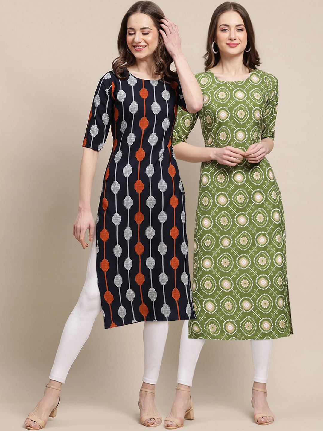 

7Threads Women Pack Of 2 Printed Block Print Summer Sheers Crepe Kurta, Black
