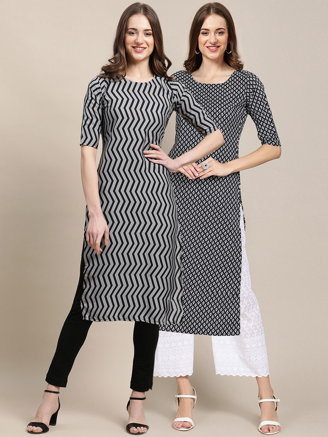 

7Threads Women Pack Of 2 Printed Block Print Summer Sheers Crepe Kurta, Black