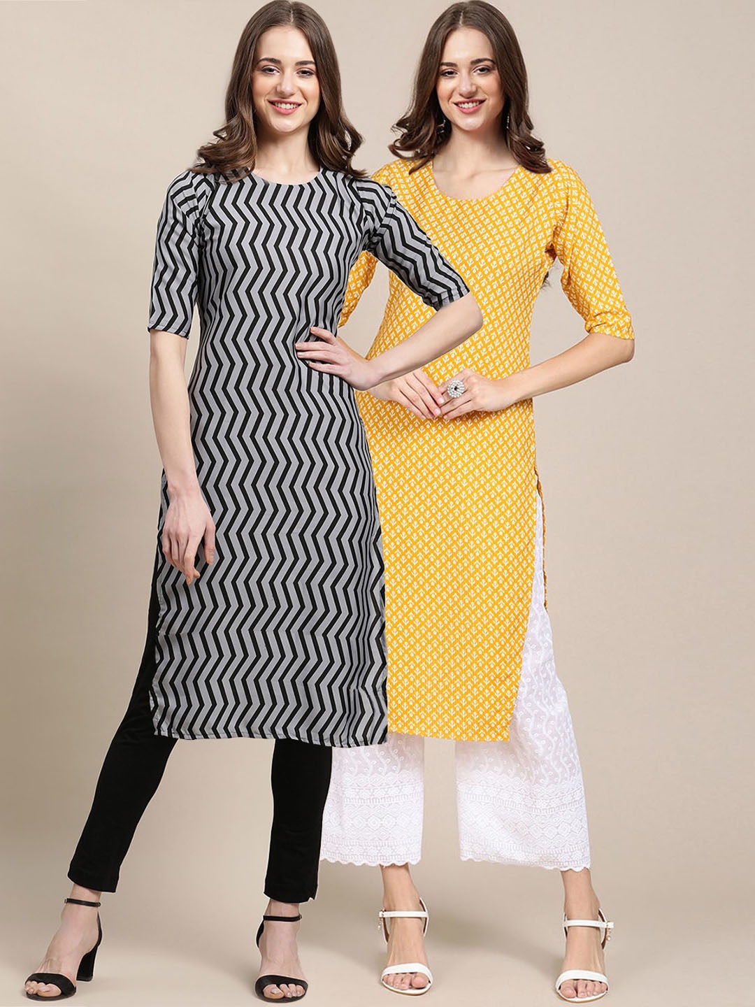 

7Threads Women Pack Of 2 Printed Block Print Summer Sheers Crepe Kurta, Black