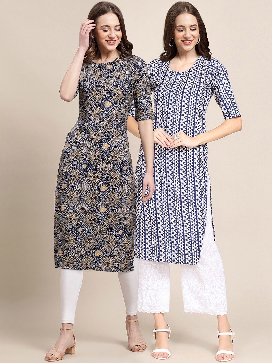 

7Threads Women Pack Of 2 Printed Block Print Summer Sheers Crepe Kurta, Navy blue