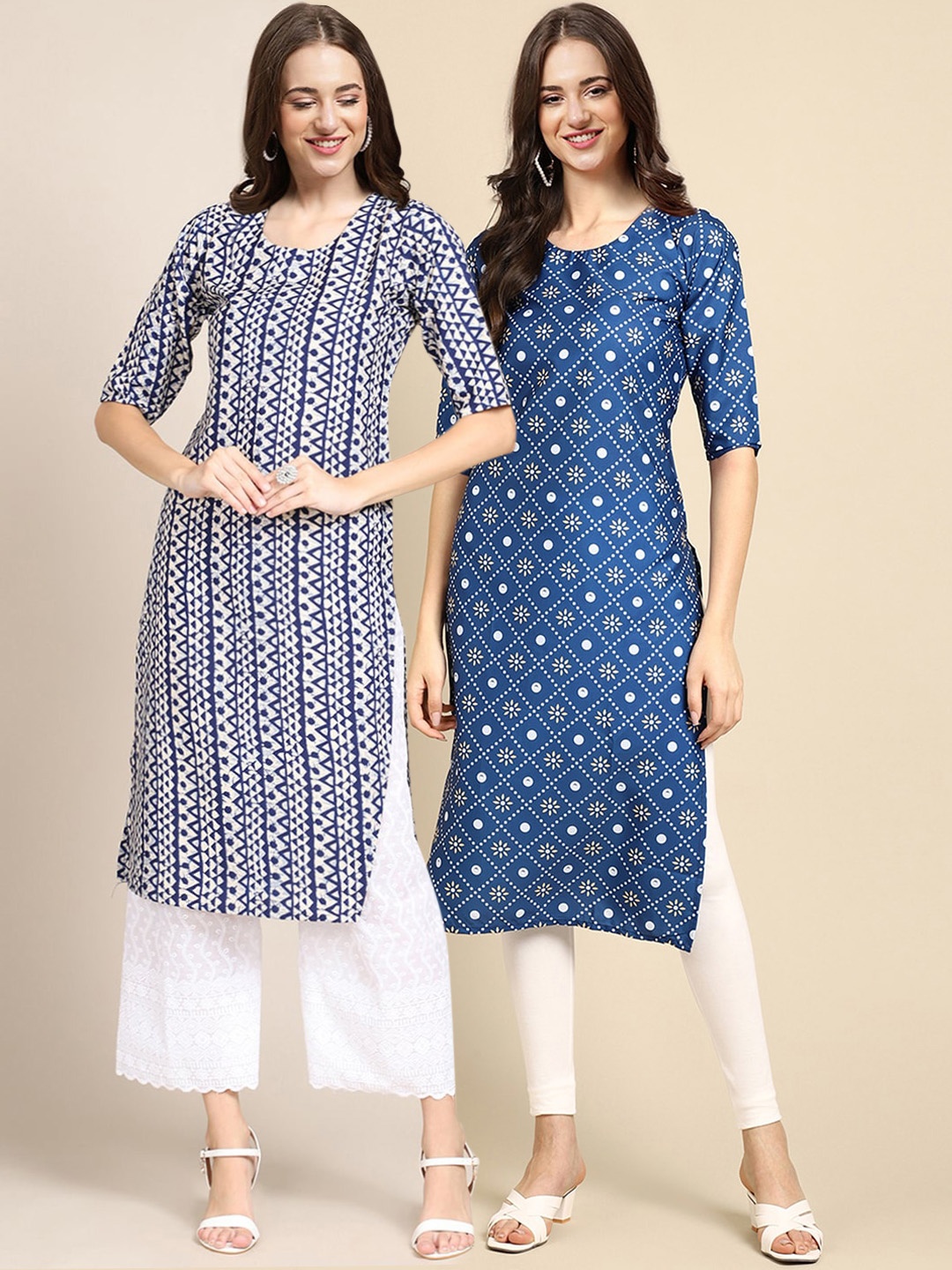

7Threads Women Pack Of 2 Printed Block Print Summer Sheers Crepe Kurta, Blue