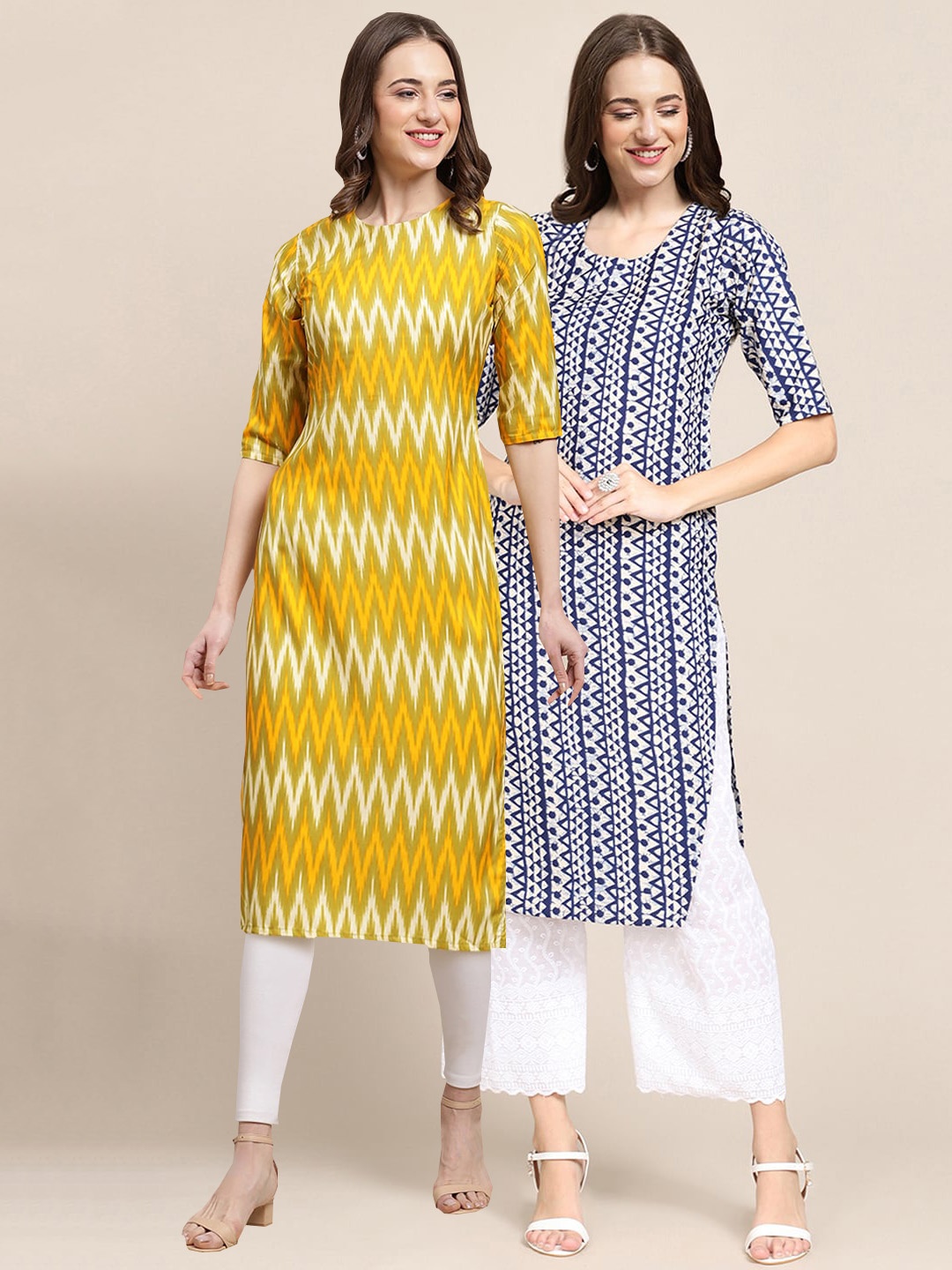 

7Threads Women Pack Of 2 Printed Block Print Summer Sheers Crepe Kurta, Navy blue