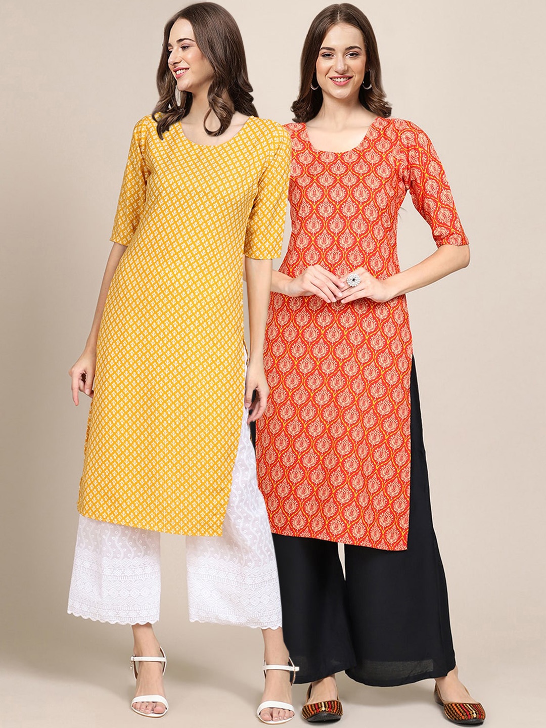 

7Threads Women Pack Of 2 Printed Block Print Summer Sheers Crepe Kurta, Yellow