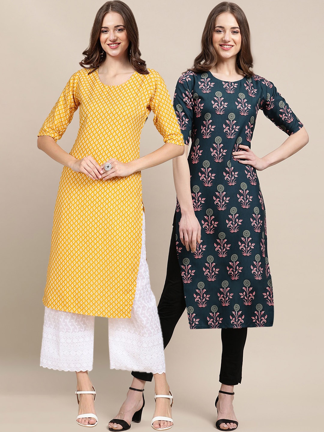 

7Threads Women Pack Of 2 Printed Block Print Summer Sheers Crepe Kurta, Yellow