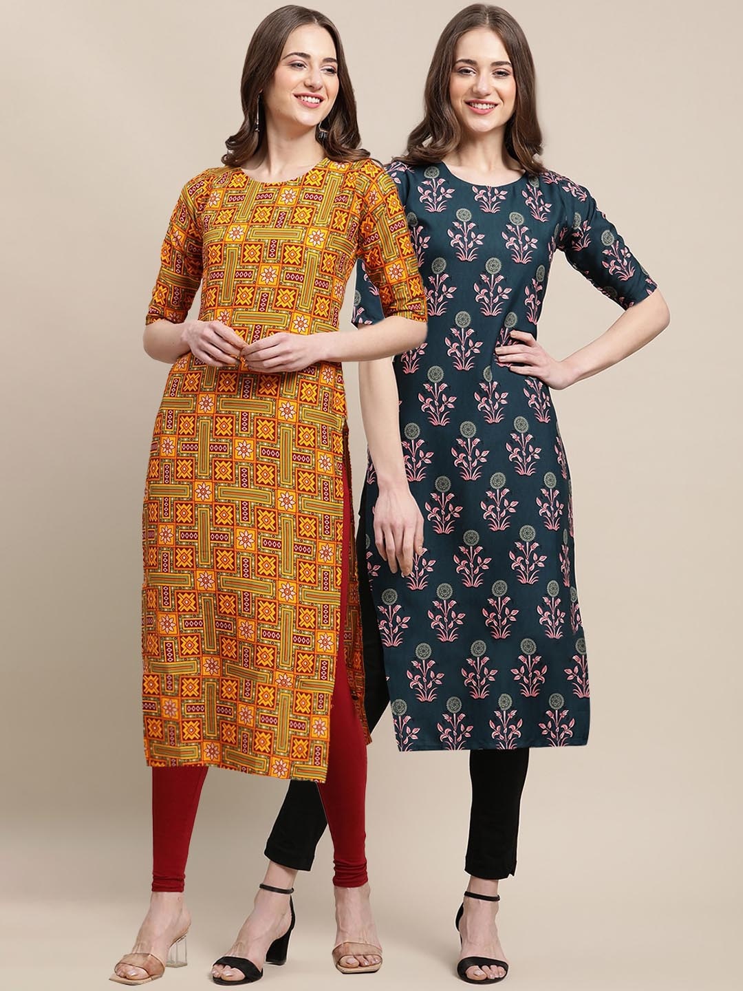 

7Threads Women Pack Of 2 Printed Block Print Summer Sheers Crepe Kurta, Olive