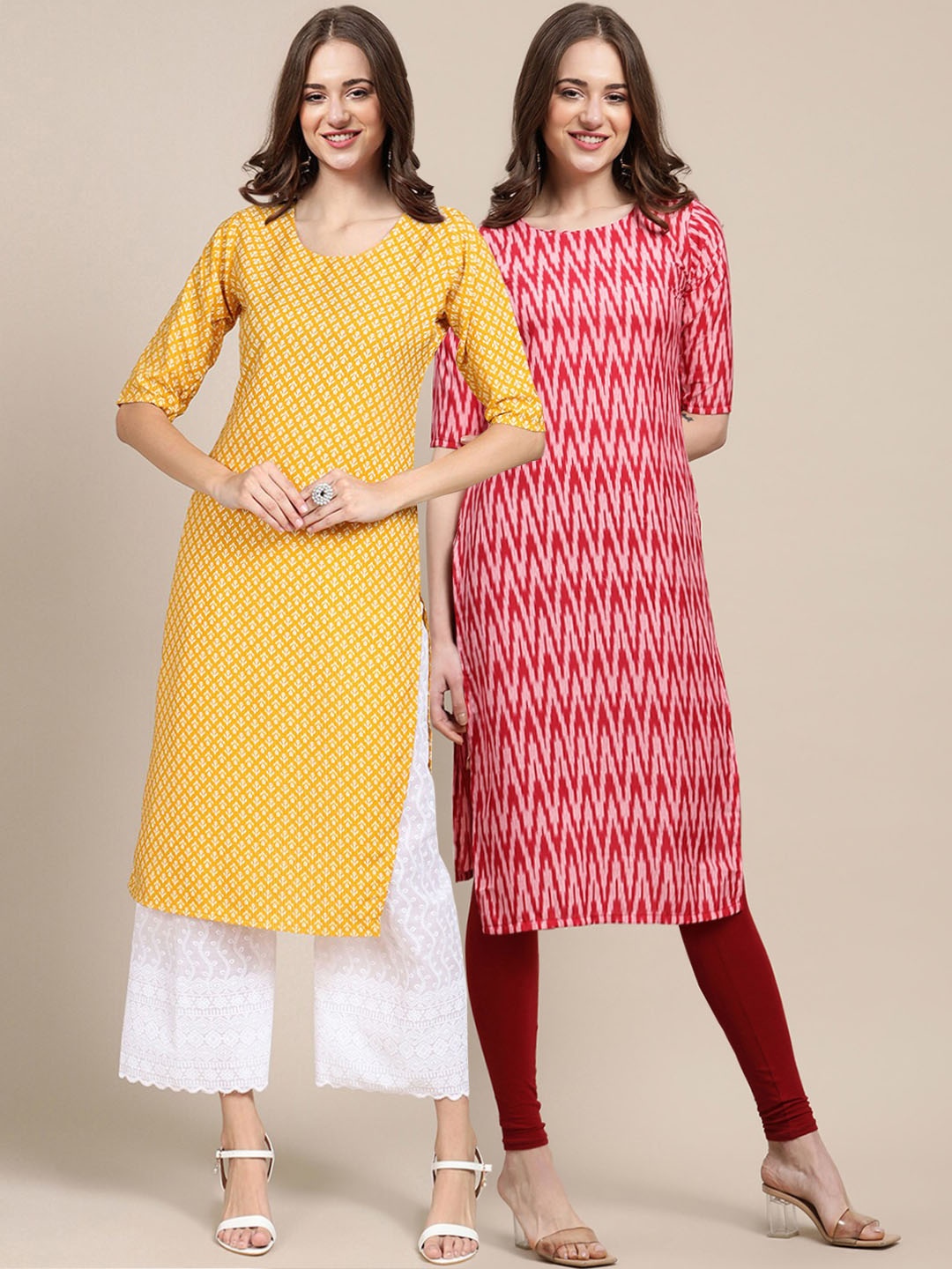 

7Threads Women Pack of 2 Yellow & Pink Ethnic Motifs Printed Crepe Kurta