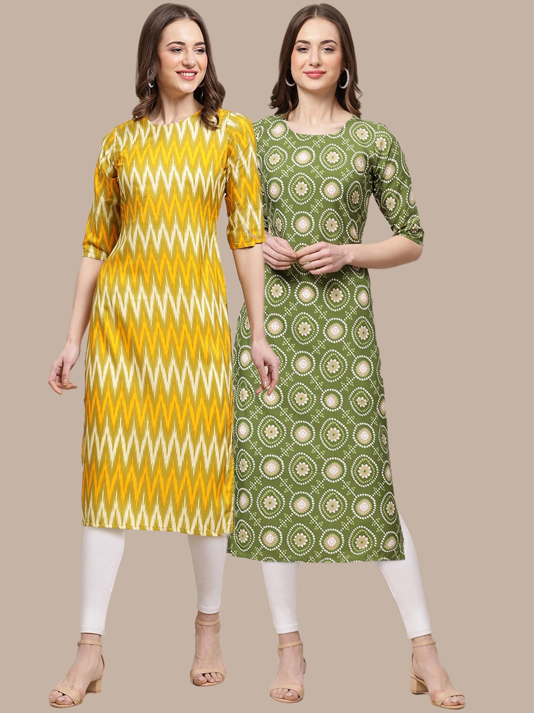 

7Threads Women Yellow & Green Set Of 2 Ethnic Motifs Printed Crepe Kurta