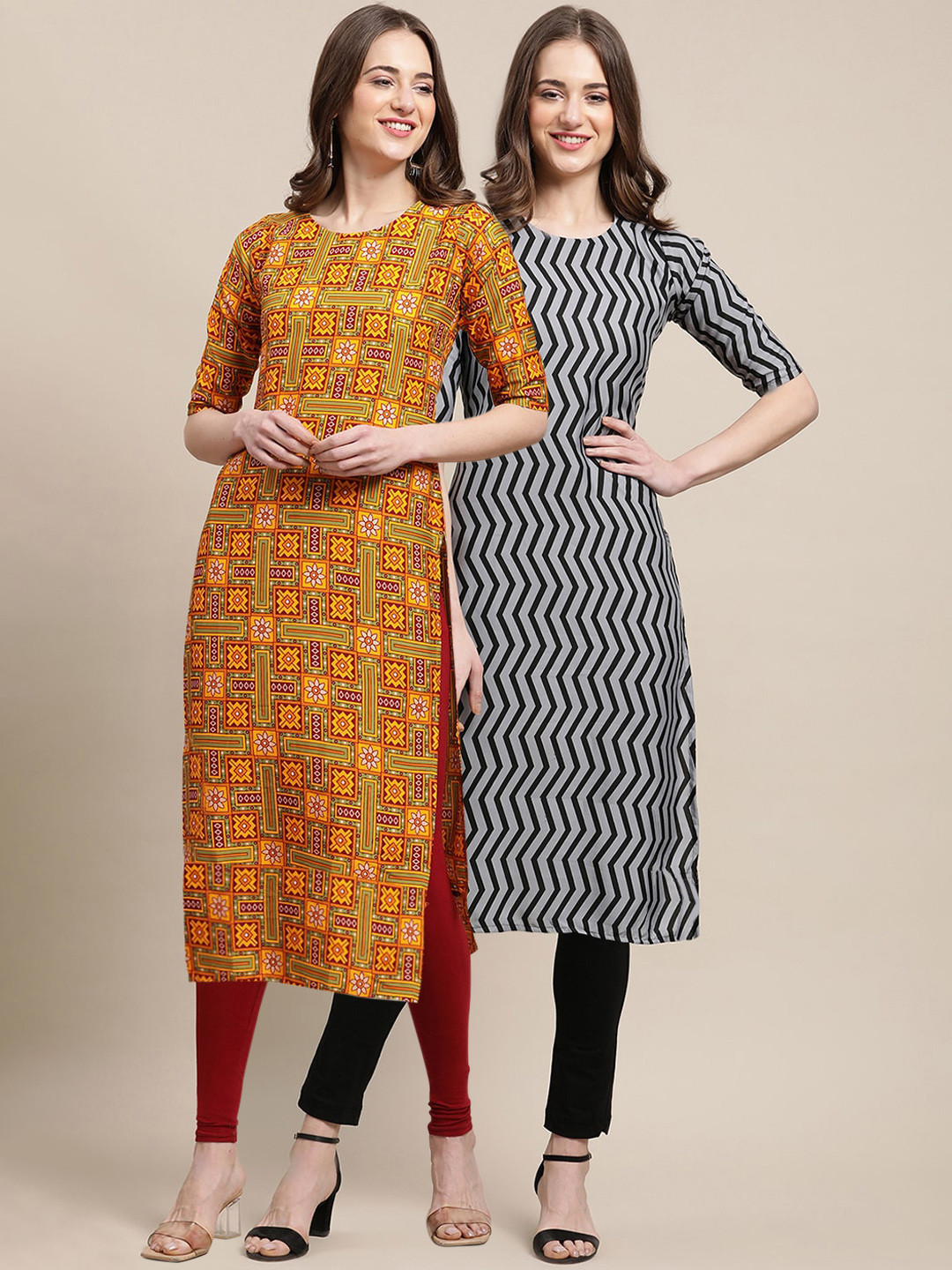 

7Threads Women Pack of 2 Yellow & Black Ethnic Motifs Printed Crepe Kurta