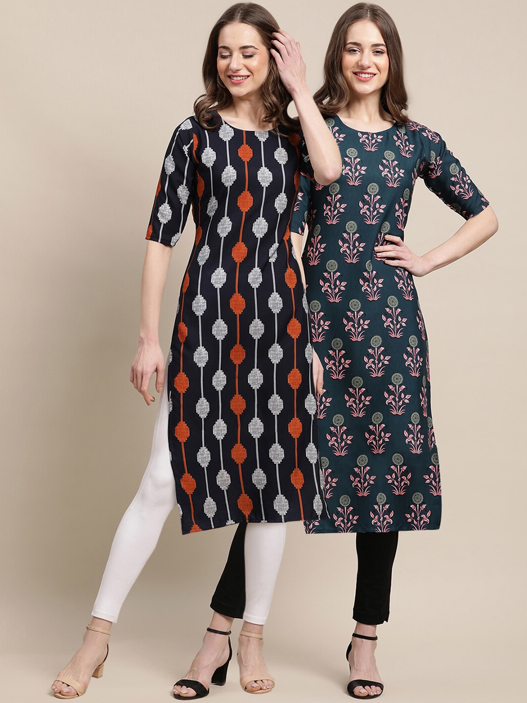 

7Threads Women Blue & Black Set Of 2 Ethnic Motifs Printed Crepe Kurta