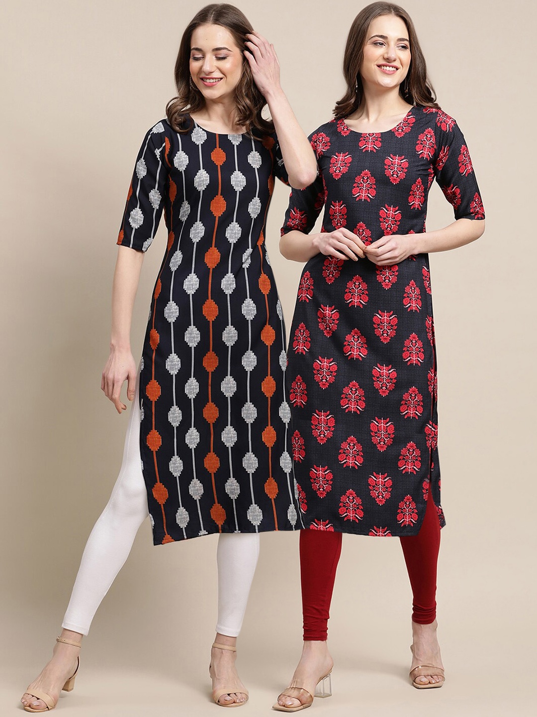 

7Threads Women Black & Grey Set Of 2 Ethnic Motifs Printed Crepe Kurta