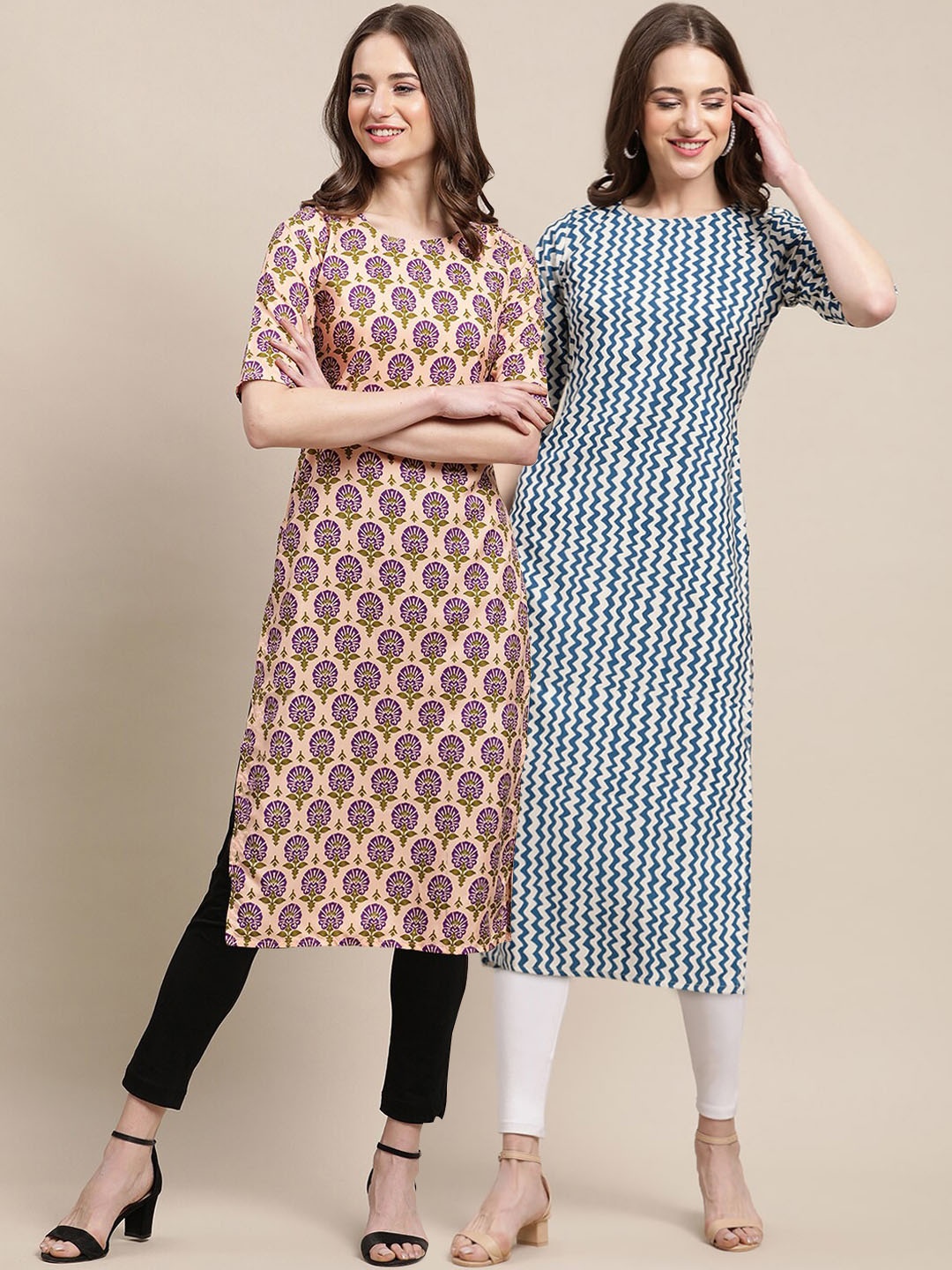 

7Threads Women Blue & Beige Set Of 2 Ethnic Motifs Printed Crepe Kurta