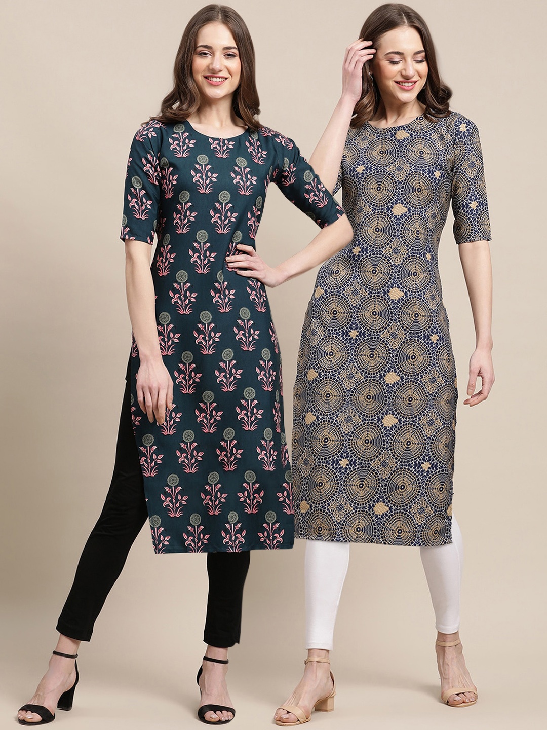 

7Threads Women Blue & Navy Blue Set Of 2 Printed Crepe Kurta