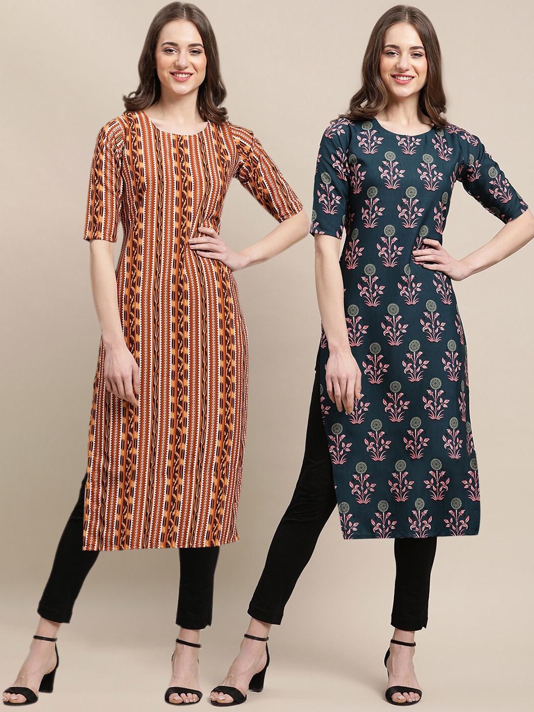 

7Threads Women Pack Of 2 Ethnic Motifs Printed Crepe Kurta, Navy blue