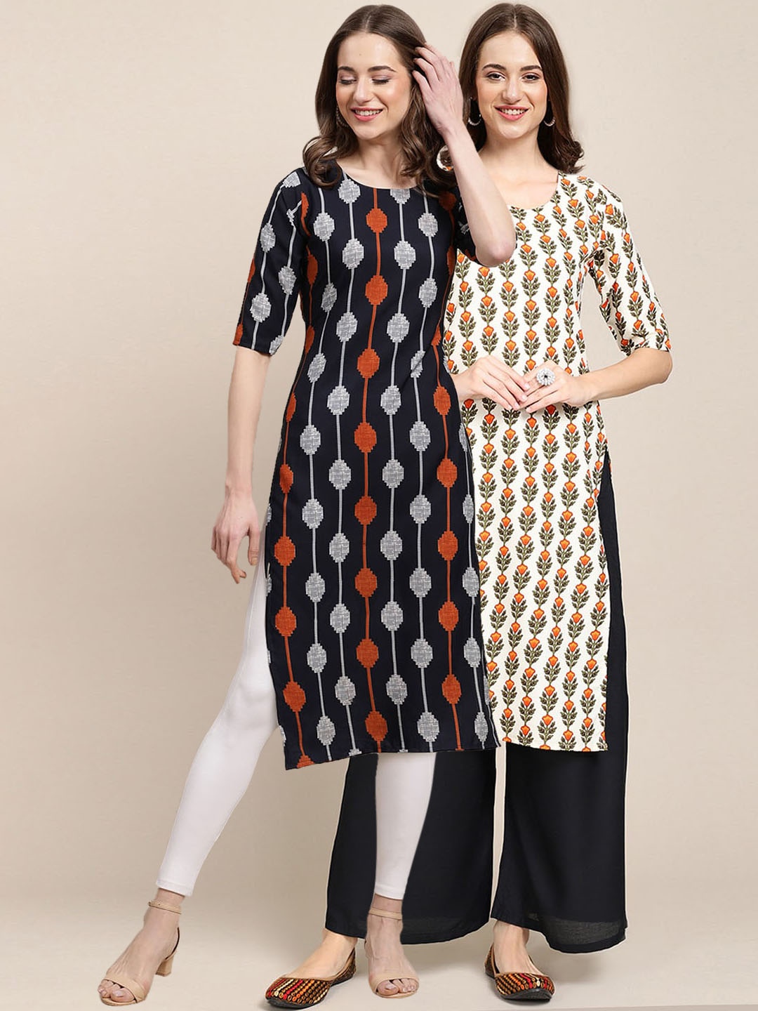 

7Threads Women Black & Off White Set Of 2 Ethnic Motifs Printed Crepe Kurta