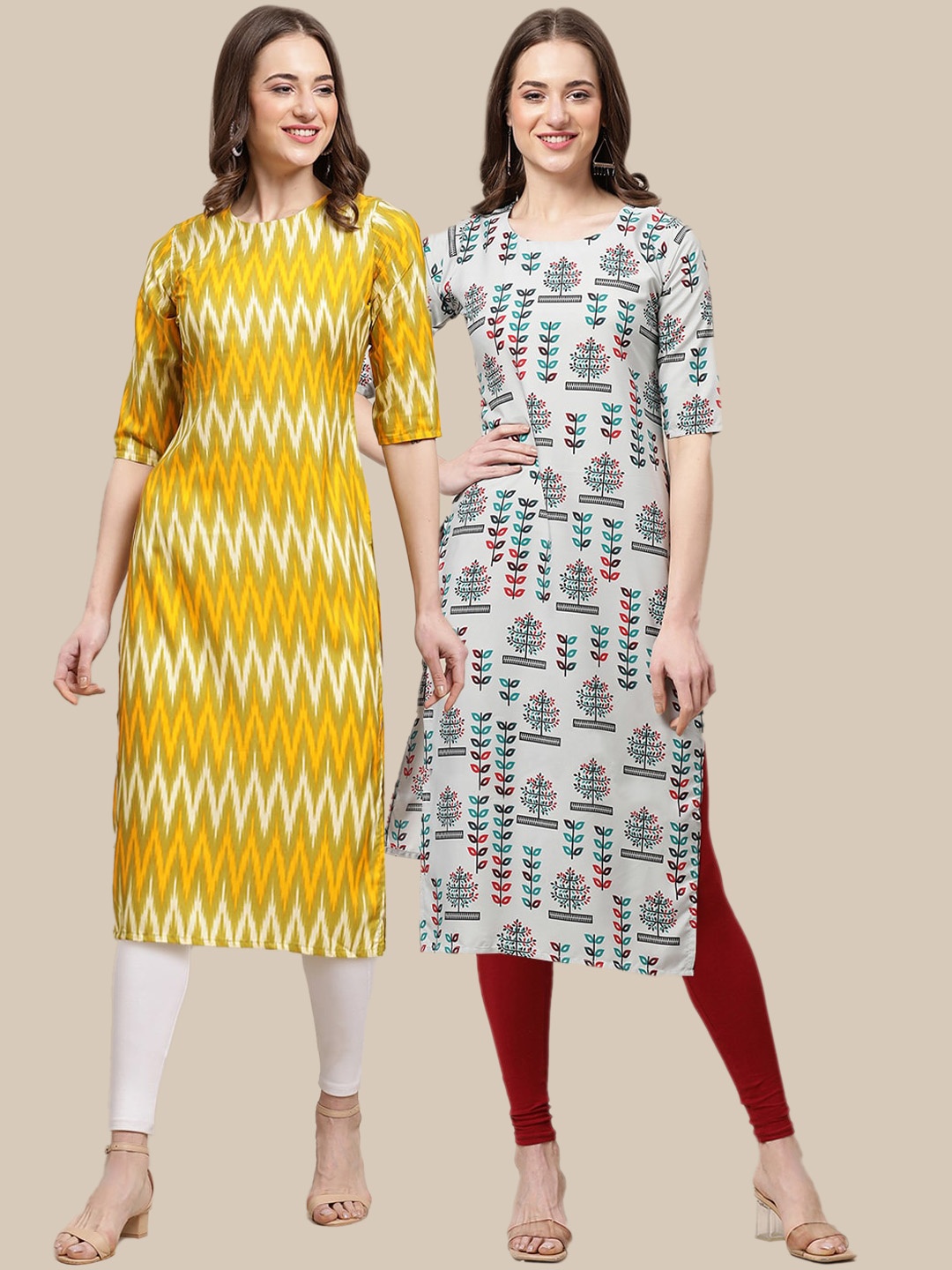 

7Threads Women Yellow & Grey Set Of 2 Printed Crepe Kurta