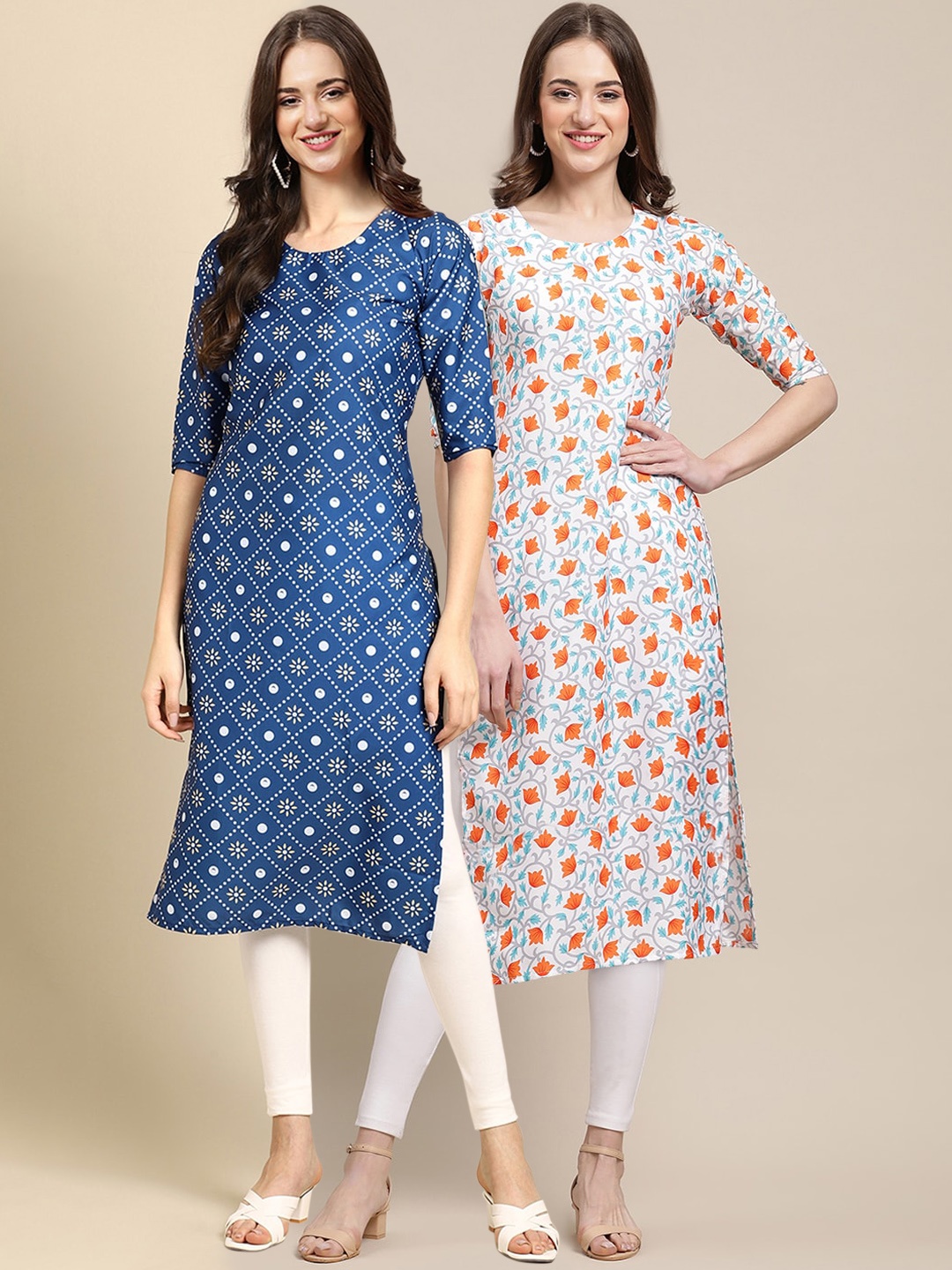 

7Threads Women Blue & Off White Set Of 2 Printed Crepe Kurta