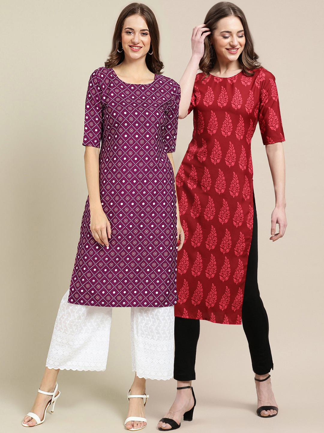 

7Threads Women Purple & Maroon Set Of 2 Ethnic Motifs Printed Crepe Kurta
