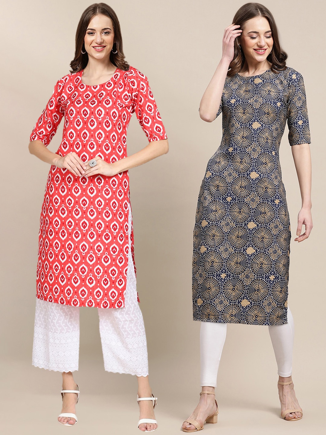 

7Threads Women Pack of 2 Peach-Colored & Blue Geometric Printed Summer Sheers Crepe Kurta