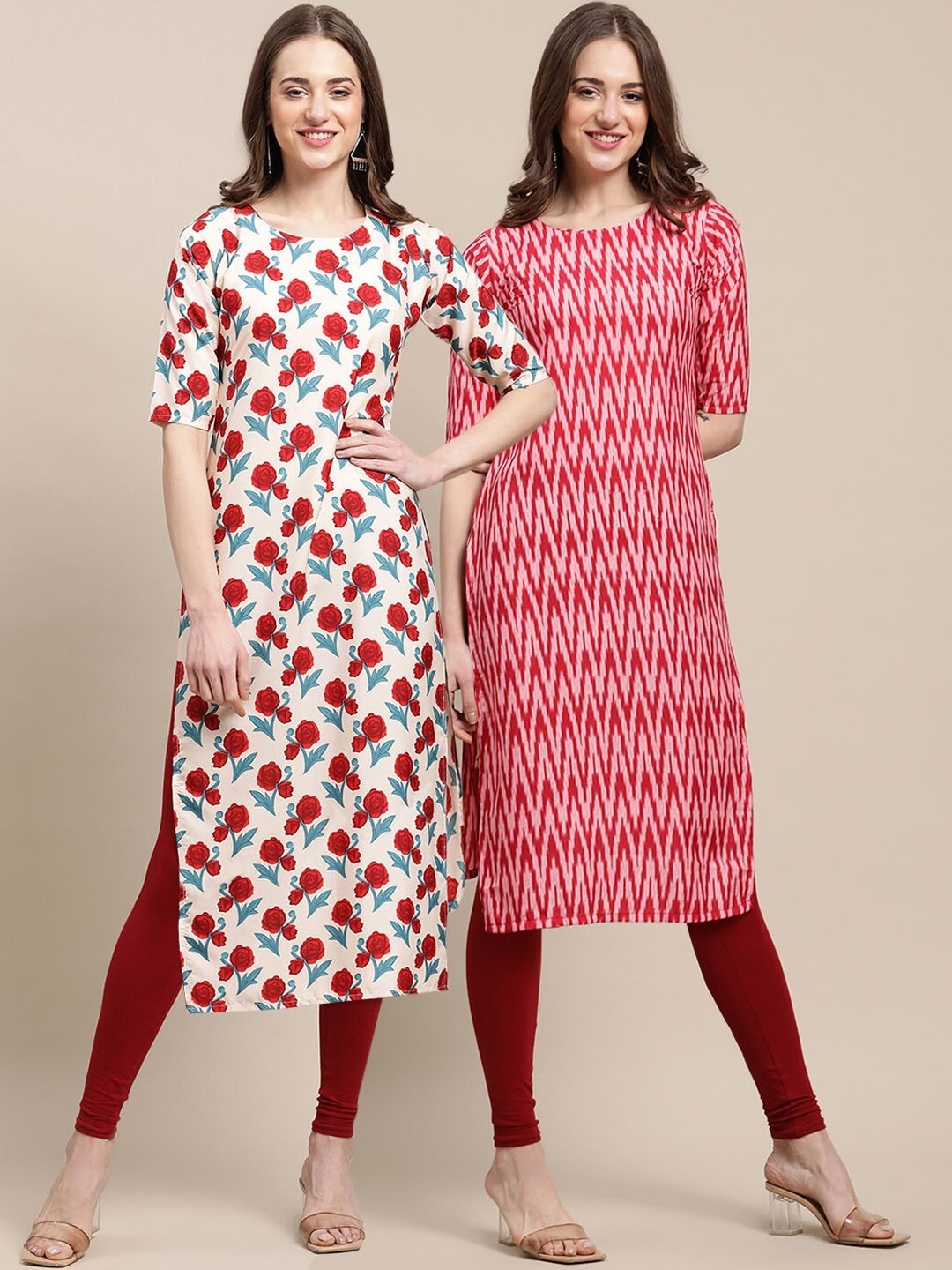 

7Threads Women Pack of 2 Geometric Printed Crepe Kurta, Pink