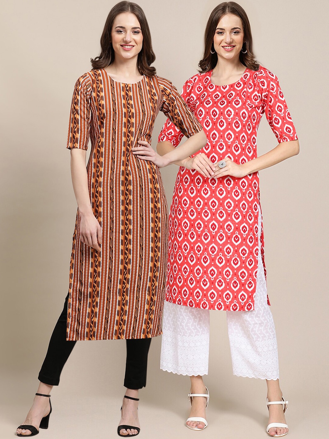 

7Threads Women Pack of 2 Geometric Printed Summer Sheers Crepe Kurta, Mustard