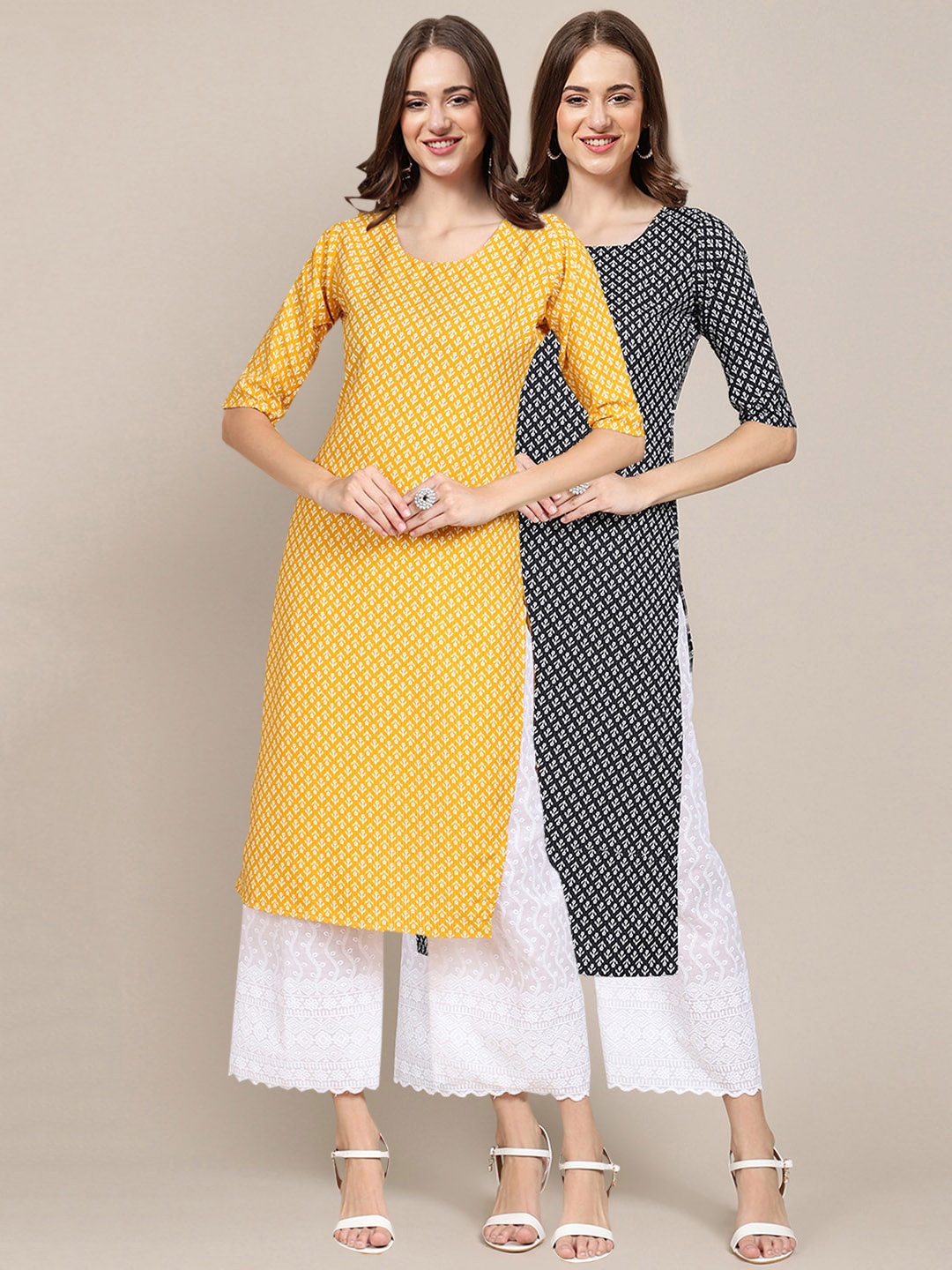 

7Threads Women Pack of 2 Yellow & Black Geometric Printed Summer Sheers Crepe Kurta