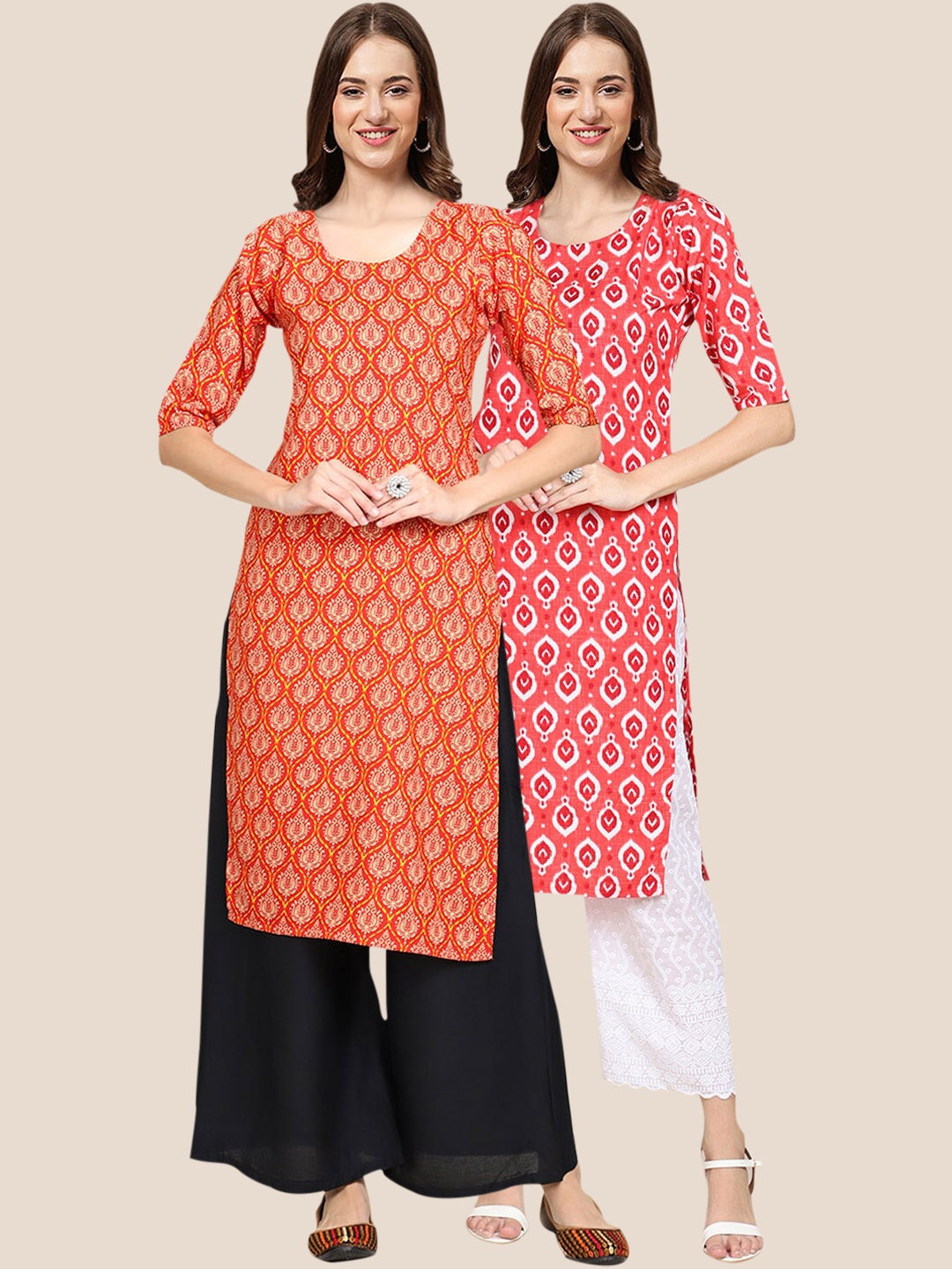 

7Threads Women Pack of 2 Geometric Printed Crepe Kurta, Orange