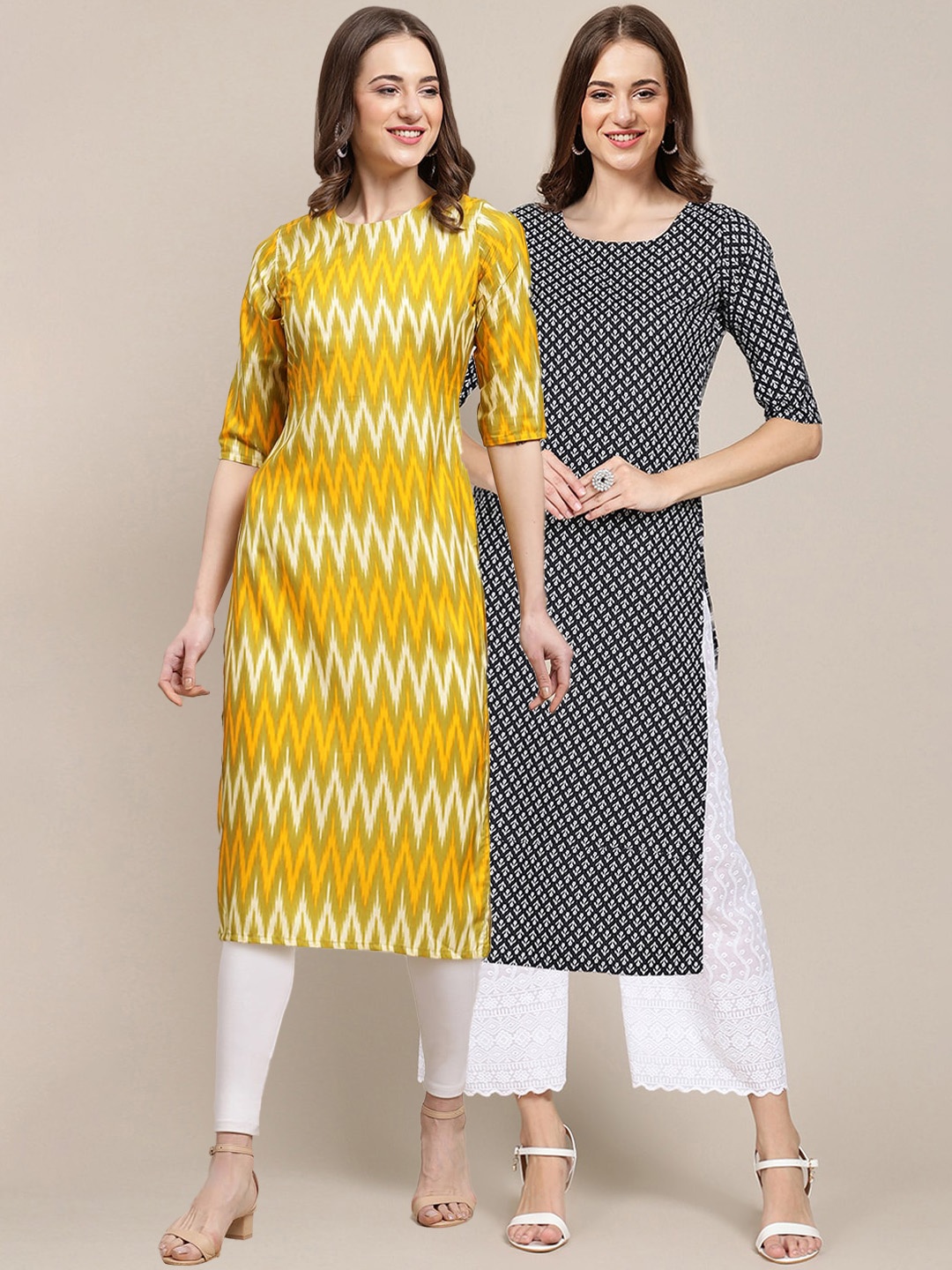 

7Threads Women Pack of 2 Geometric Printed Crepe Kurta, Yellow
