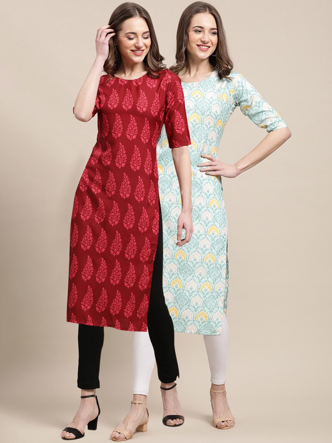 

7Threads Women Pack of 2 Geometric Printed Crepe Kurta, Red