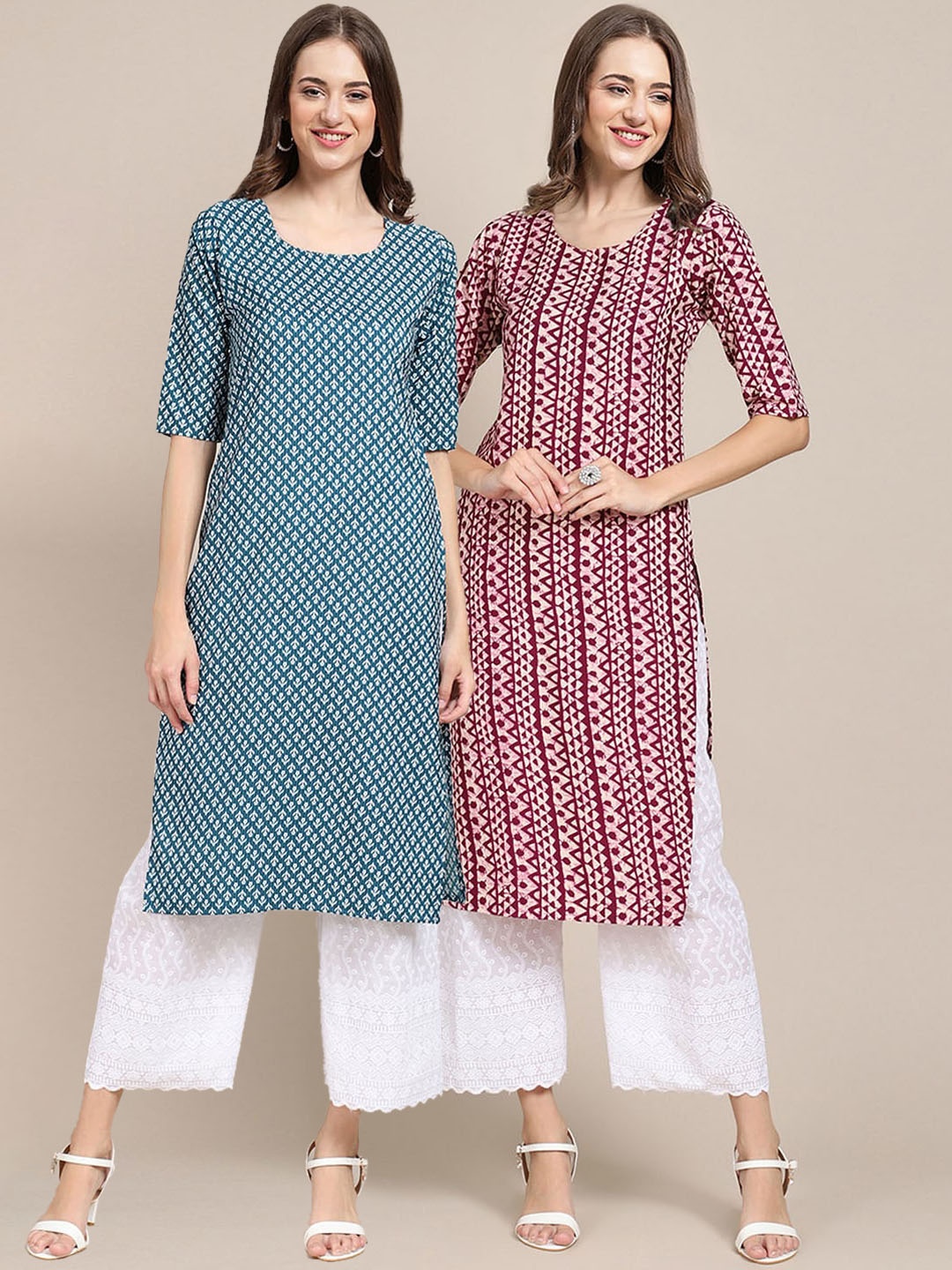 

7Threads Women Pack of 2 Geometric Printed Crepe Kurta, Blue