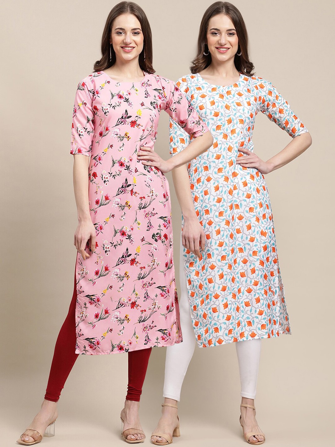 

7Threads Women Pack of 2 Geometric Printed Crepe Kurta, Pink