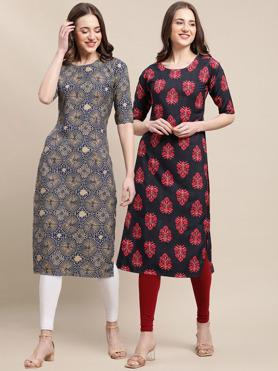 

7Threads Women Pack Of 2 Ethnic Motifs Printed Crepe Kurta, Grey