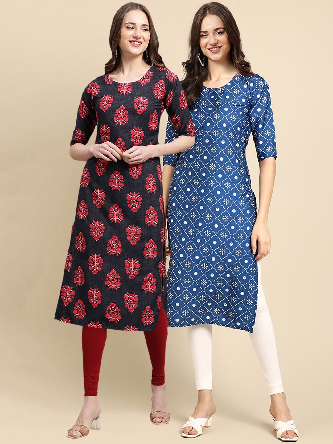 

7Threads Women Pack Of 2 Ethnic Motifs Printed Crepe Kurta, Blue