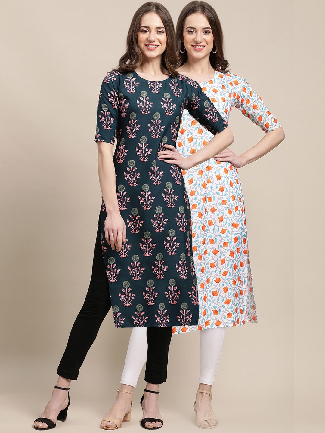

7Threads Women Pack Of 2 Ethnic Motifs Printed Crepe Kurta, Blue