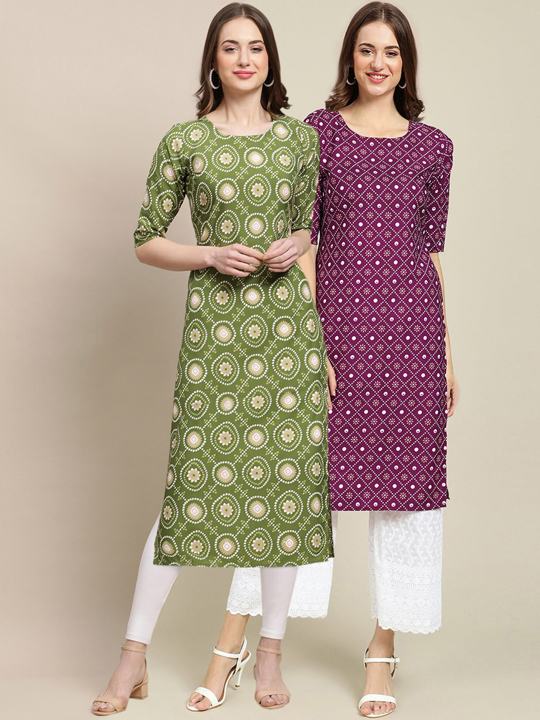 

7Threads Women Pack Of 2 Ethnic Motifs Printed Crepe Kurta, Green