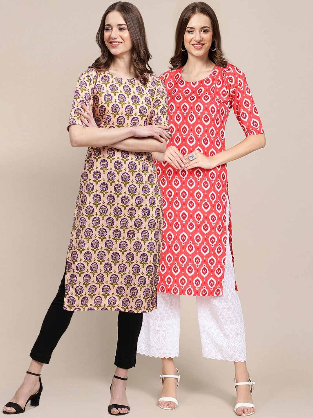 

7Threads Women Pack Of 2 Ethnic Motifs Printed Crepe Kurta, Coral