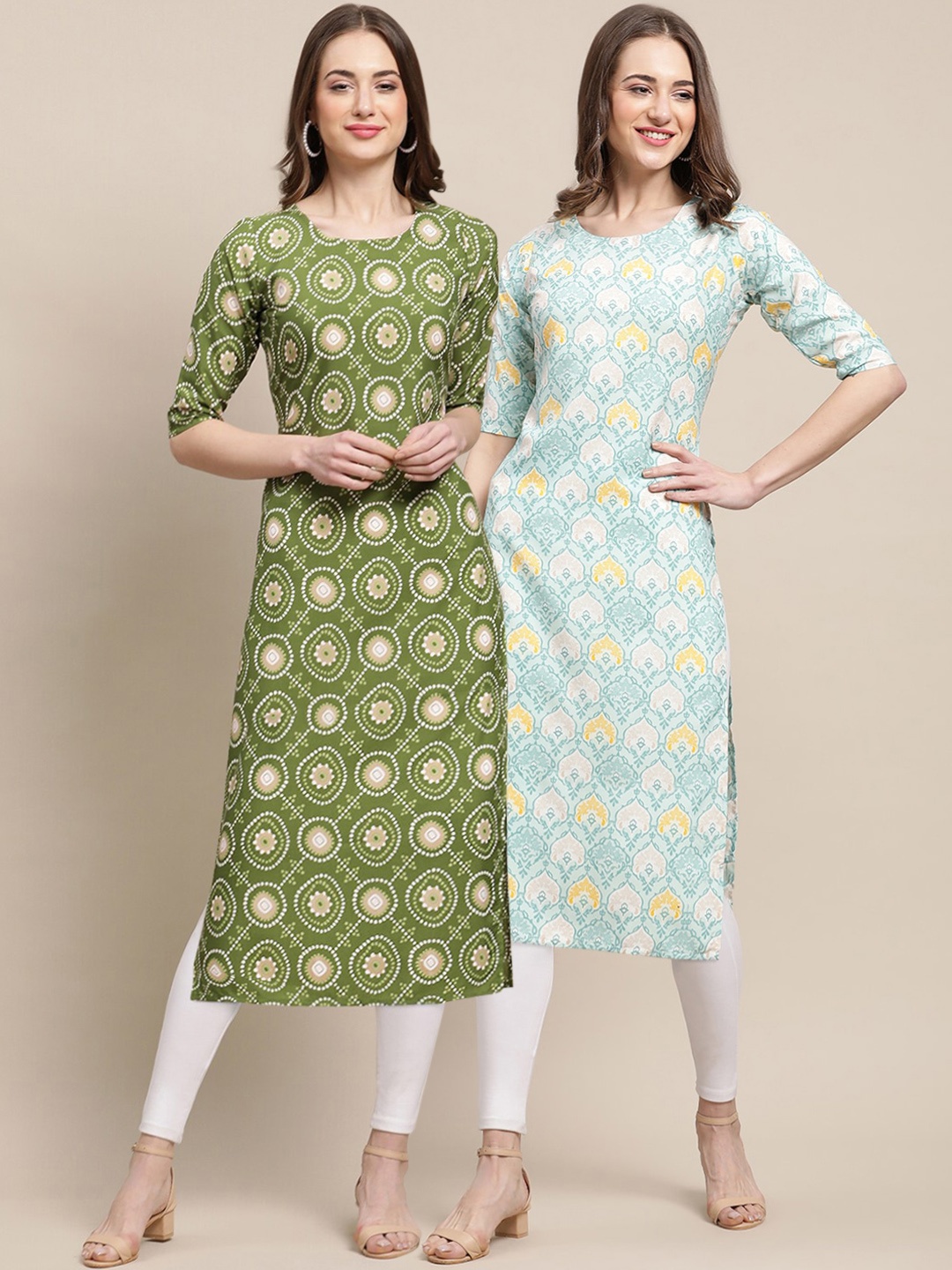 

7Threads Women Pack Of 2 Ethnic Motifs Printed Crepe Kurta, Green