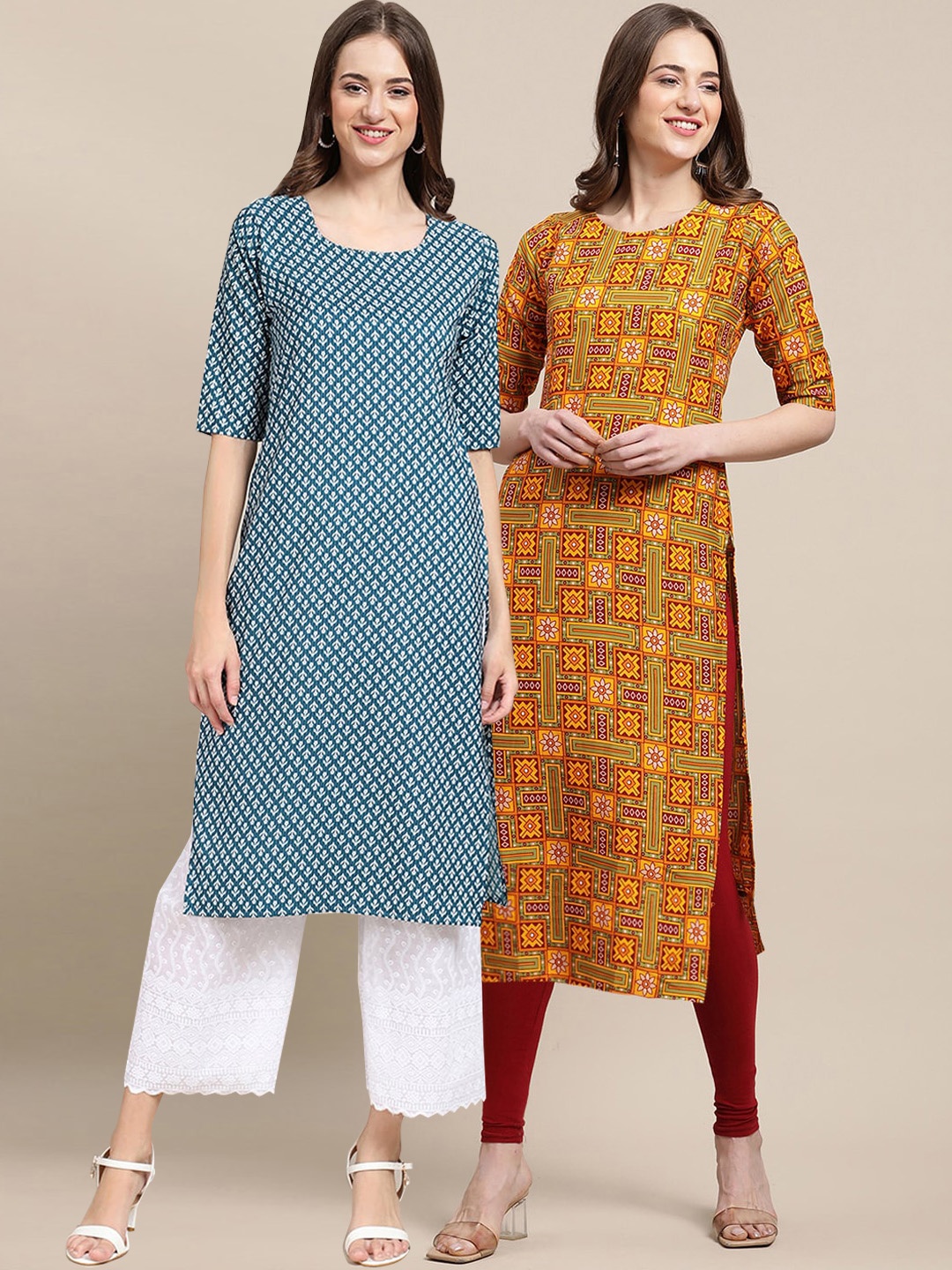 

7Threads Women Pack Of 2 Ethnic Motifs Printed Crepe Kurta, Blue