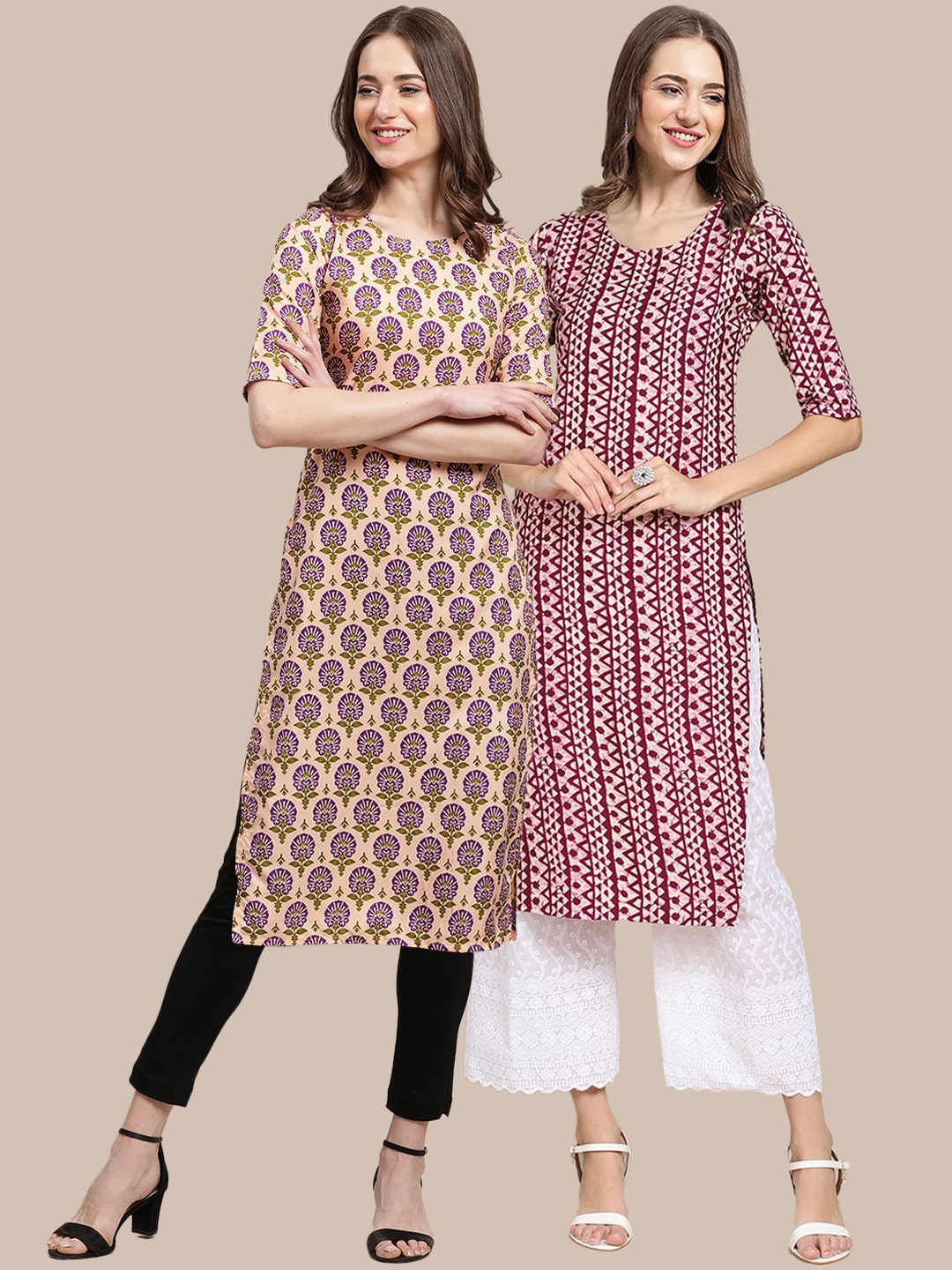 

7Threads Women Pack Of 2 Ethnic Motifs Printed Crepe Kurta, Maroon