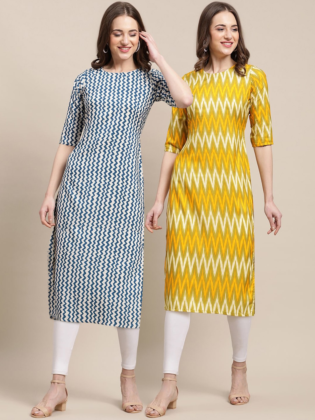 

KALINI Women Pack Of 2 Geometric Printed Crepe Kurta, Yellow