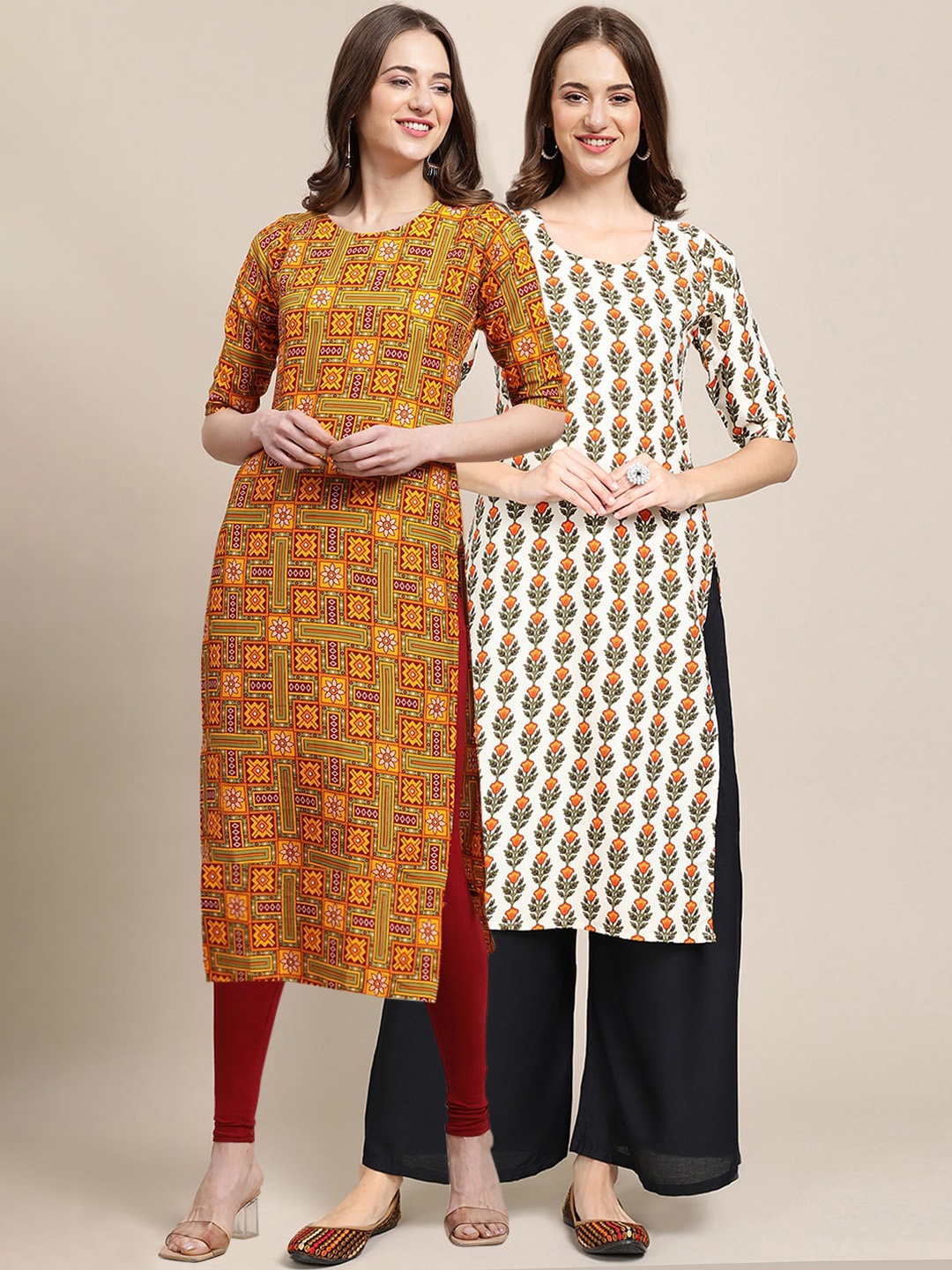 

7Threads Women Set Of 2 Mustard Yellow & White Ethnic Motifs Printed Crepe Kurta