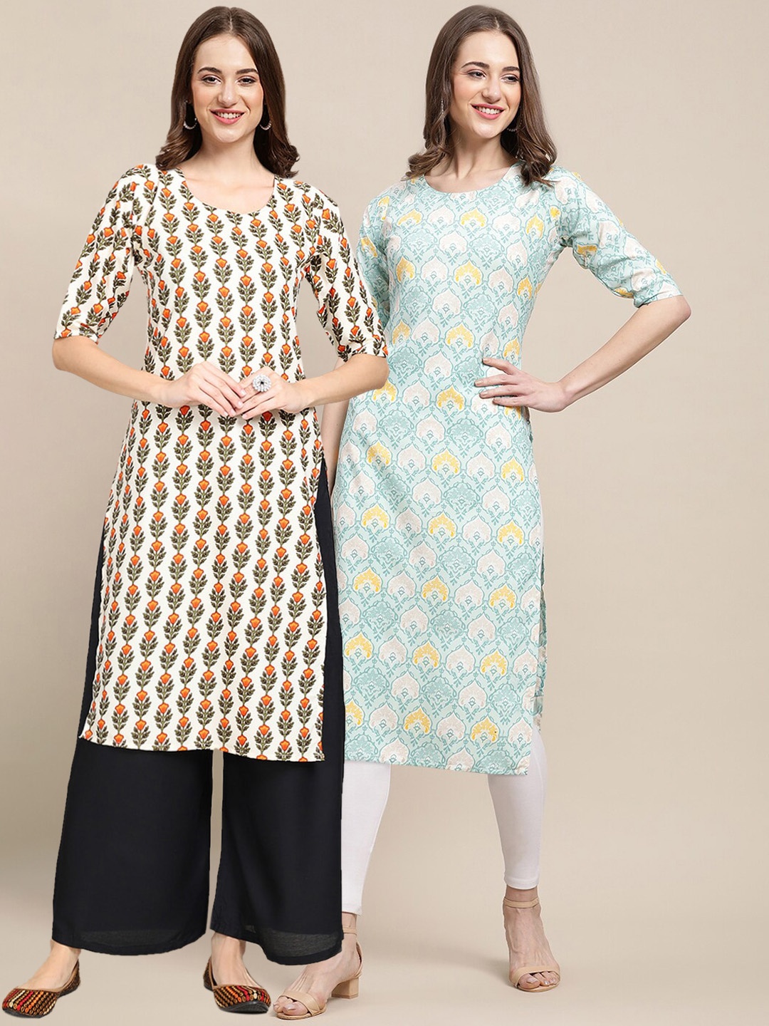 

7Threads Women Pack Of 2 Ethnic Motifs Printed Crepe Kurta, White