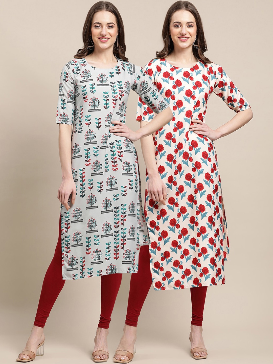 

7Threads Women Red & Beige Floral Printed Summer Sheers Crepe Straight Kurta Pack OF 2