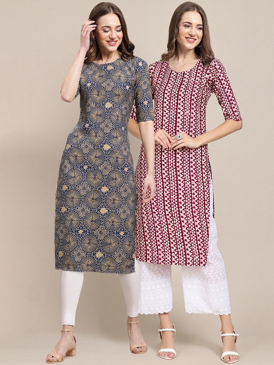 

7Threads Women Set Of 2 Blue & Maroon Geometric Printed Crepe Kurta
